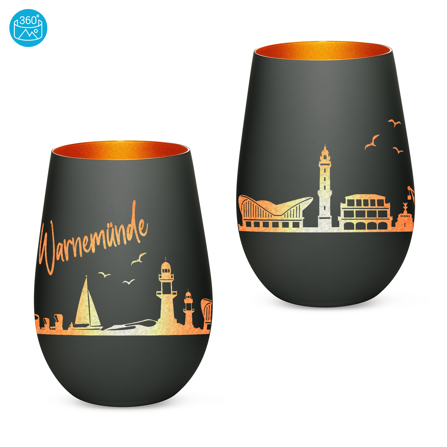 Hochwertiges Glas Windlicht mit Gravur "SKYLINE WARNEMÜNDE" in der Farbe Schwarz/Bronze