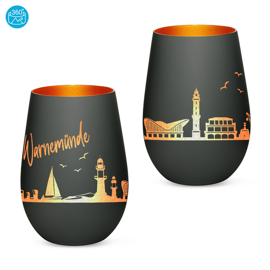 Hochwertiges Glas Windlicht mit Gravur "SKYLINE WARNEMÜNDE" in der Farbe Schwarz/Bronze