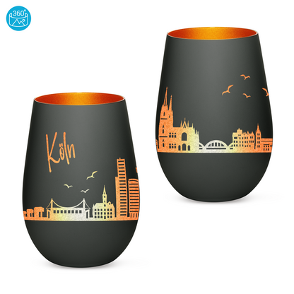 Hochwertiges Glas Windlicht mit Gravur "SKYLINE KÖLN" in der Farbe Schwarz/Bronze