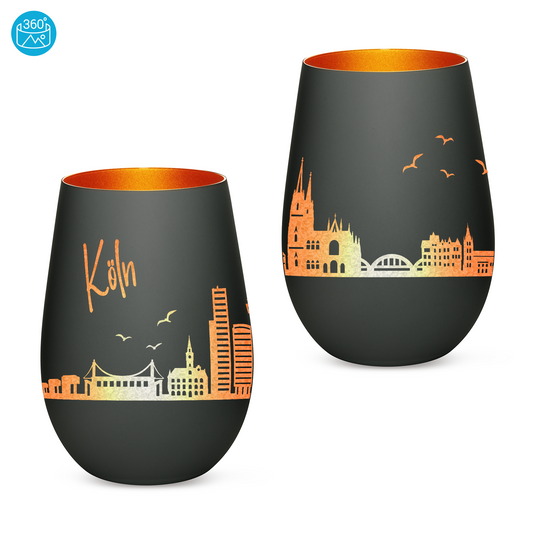 Hochwertiges Glas Windlicht mit Gravur "SKYLINE KÖLN" in der Farbe Schwarz/Bronze