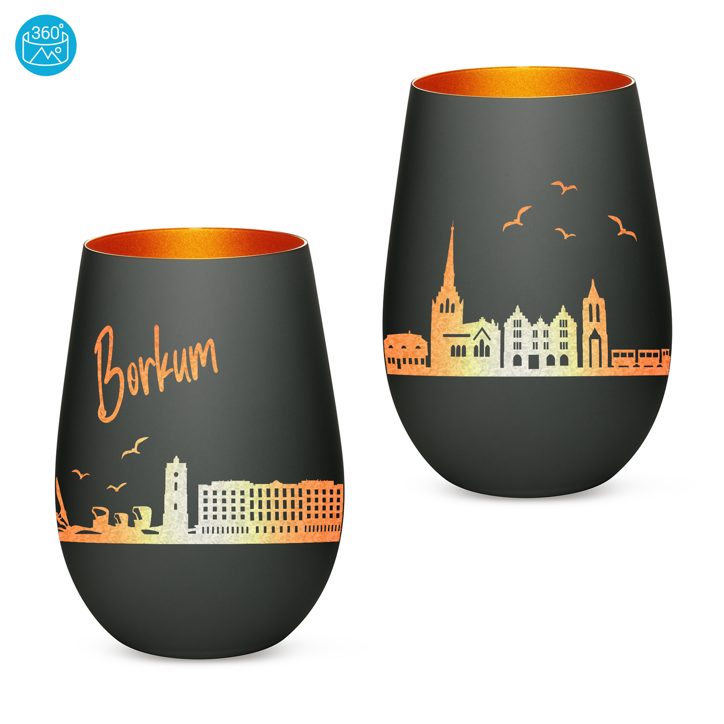 Hochwertiges Glas Windlicht mit Gravur "SKYLINE BORKUM" in der Farbe Schwarz/Bronze