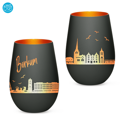 Hochwertiges Glas Windlicht mit Gravur "SKYLINE BORKUM" in der Farbe Schwarz/Bronze