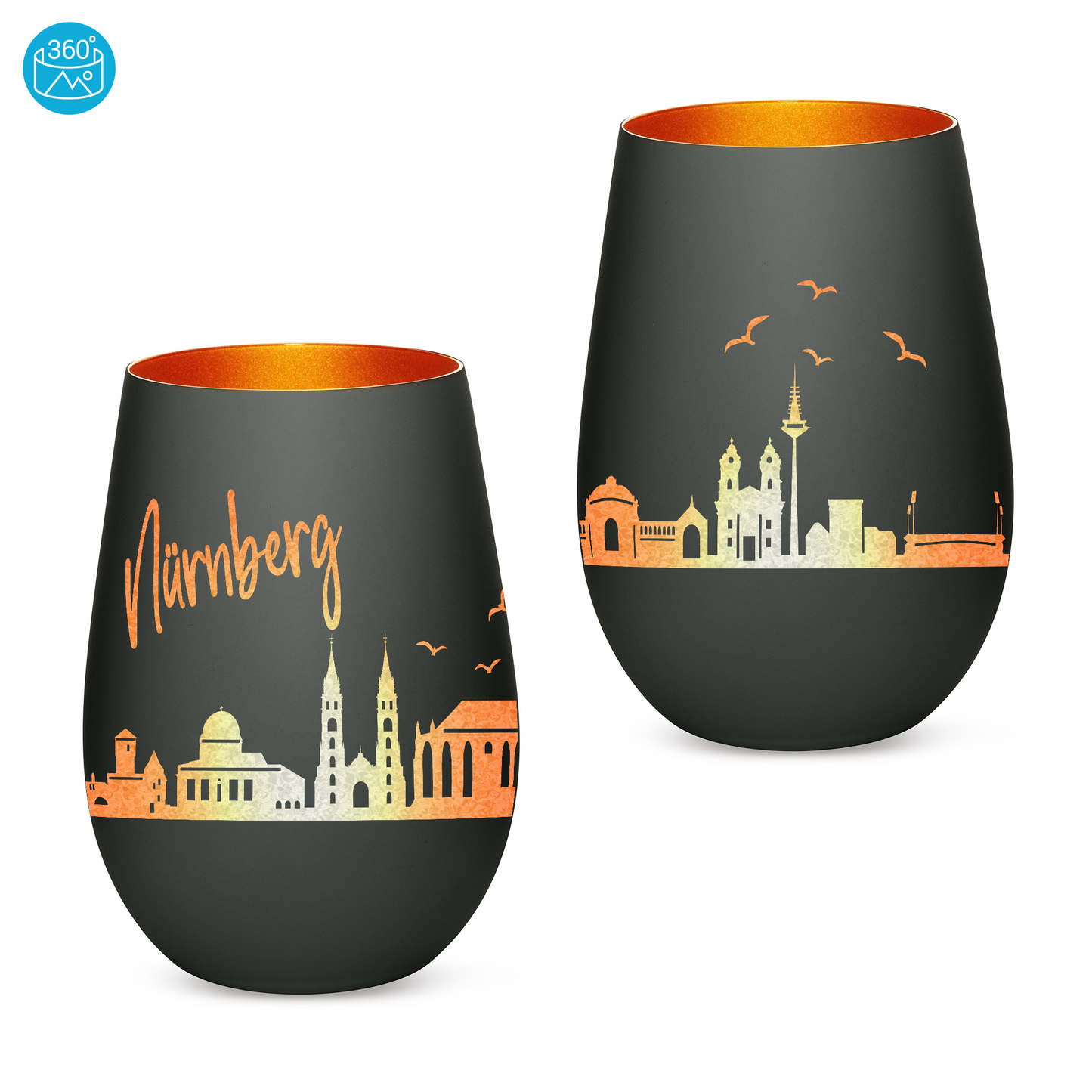 Hochwertiges Glas Windlicht mit Gravur "SKYLINE NÜRNBERG" in der Farbe Schwarz/Bronze