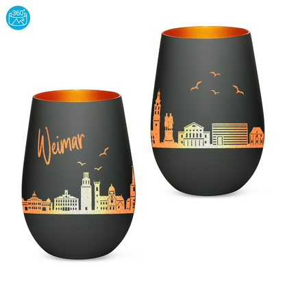 Hochwertiges Glas Windlicht mit Gravur "SKYLINE WEIMAR" in der Farbe Schwarz/Bronze