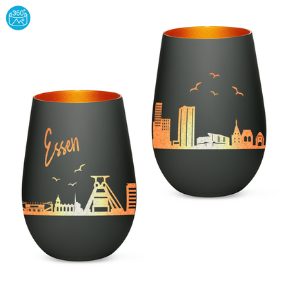 Hochwertiges Glas Windlicht mit Gravur "SKYLINE ESSEN" in der Farbe Schwarz/Bronze