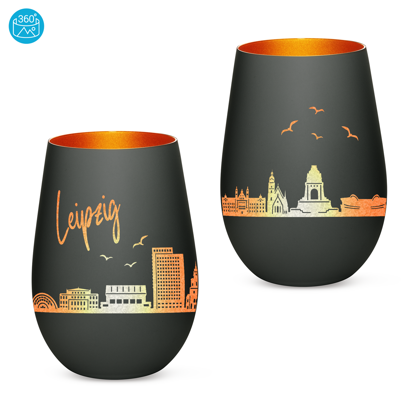 Hochwertiges Glas Windlicht mit Gravur "SKYLINE LEIPZIG" in der Farbe Schwarz/Bronze