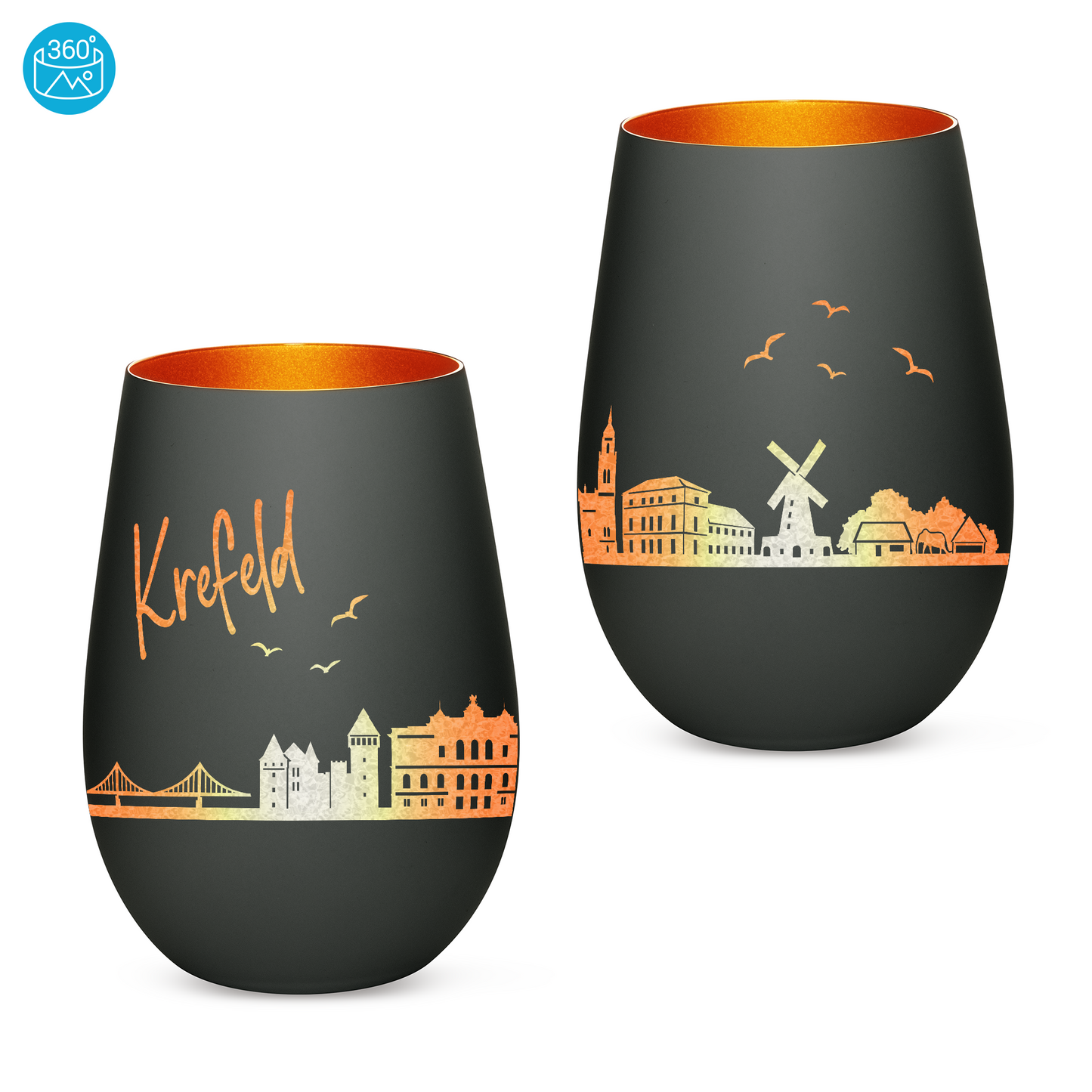 Hochwertiges Glas Windlicht mit Gravur "SKYLINE KREFELD" in der Farbe Schwarz/Bronze