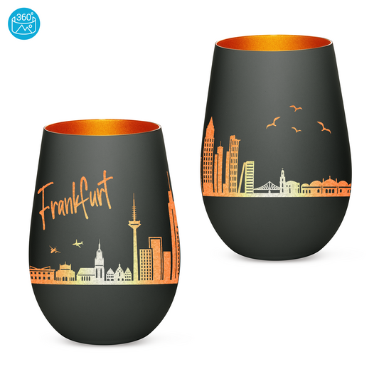 Hochwertiges Glas Windlicht mit Gravur "SKYLINE FRANKFURT" in der Farbe Schwarz/Bronze