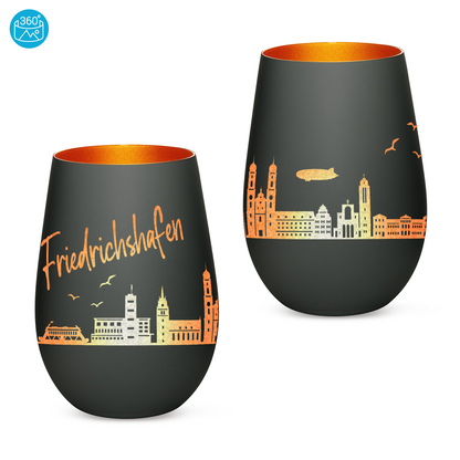 Hochwertiges Glas Windlicht mit Gravur "SKYLINE FRIEDRICHSHAFEN" in der Farbe Schwarz/Bronze