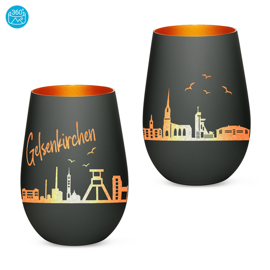 Hochwertiges Glas Windlicht mit Gravur "SKYLINE GELSENKIRCHEN" in der Farbe Schwarz/Bronze