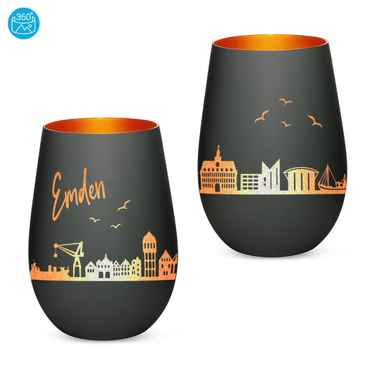 Hochwertiges Glas Windlicht mit Gravur "SKYLINE EMDEN" in der Farbe Schwarz/Bronze