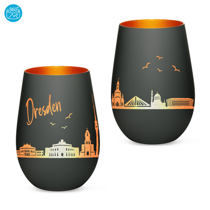 Hochwertiges Glas Windlicht mit Gravur "SKYLINE DRESDEN" in der Farbe Schwarz/Bronze