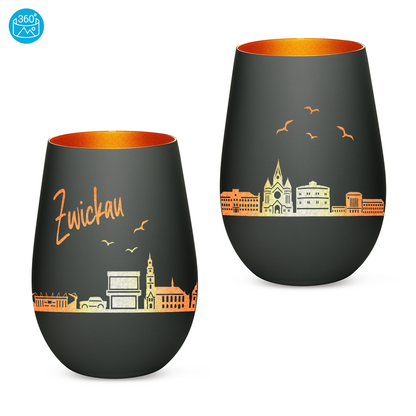 Hochwertiges Glas Windlicht mit Gravur "SKYLINE ZWICKAU" in der Farbe Schwarz/Bronze