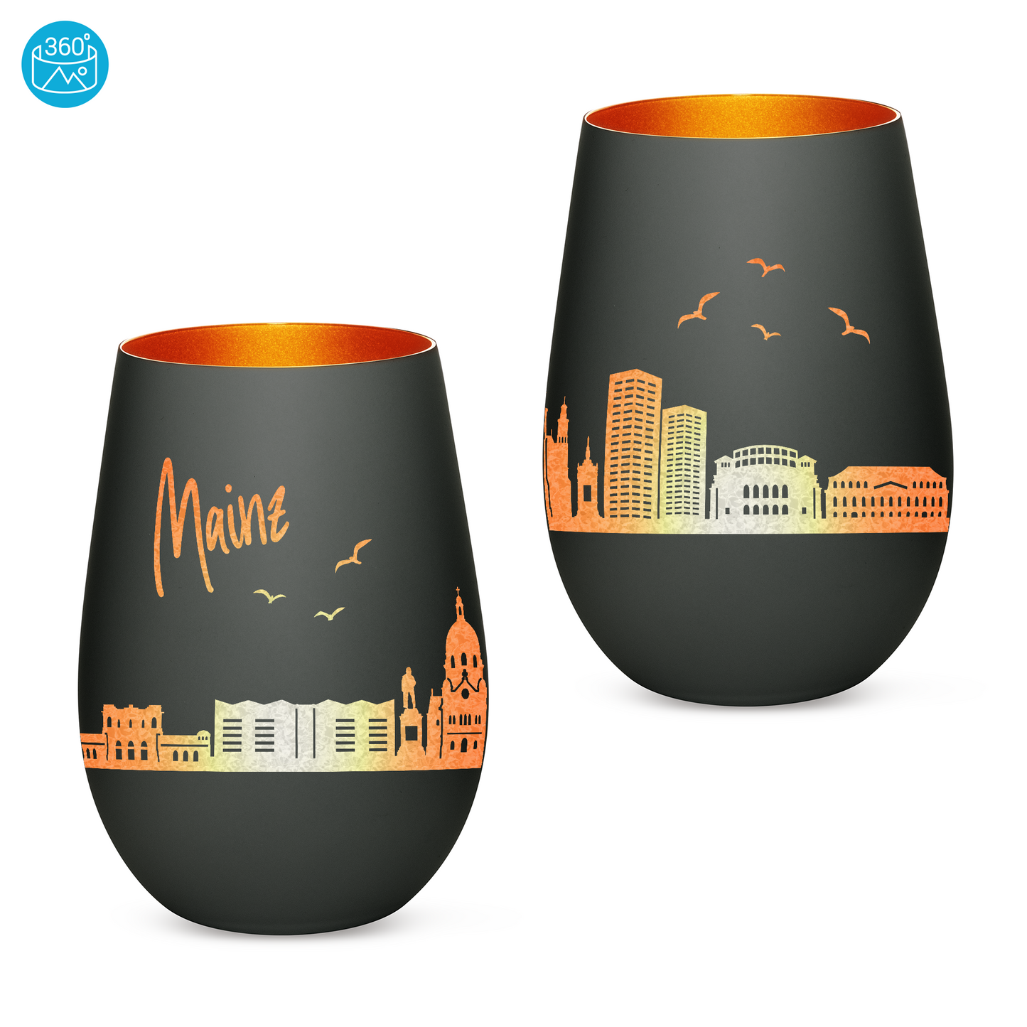 Hochwertiges Glas Windlicht mit Gravur "SKYLINE MAINZ" in der Farbe Schwarz/Bronze