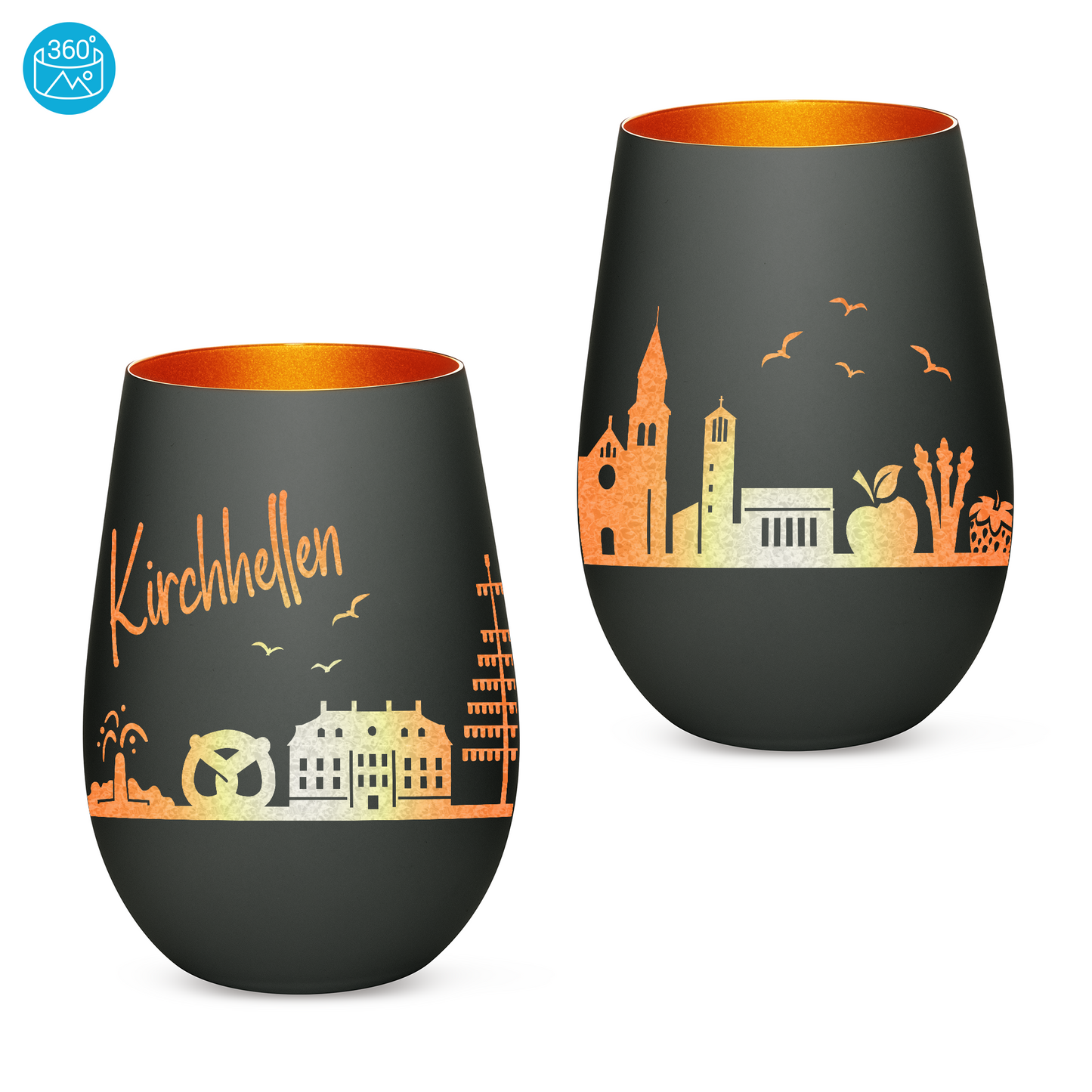 Hochwertiges Glas Windlicht mit Gravur "SKYLINE KIRCHHELLEN" in der Farbe Schwarz/Bronze