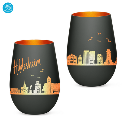 Hochwertiges Glas Windlicht mit Gravur "SKYLINE HILDESHEIM" in der Farbe Schwarz/Bronze