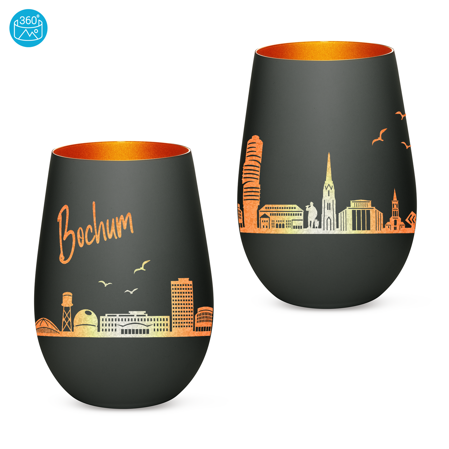 Hochwertiges Glas Windlicht mit Gravur "SKYLINE BOCHUM" in der Farbe Schwarz/Bronze