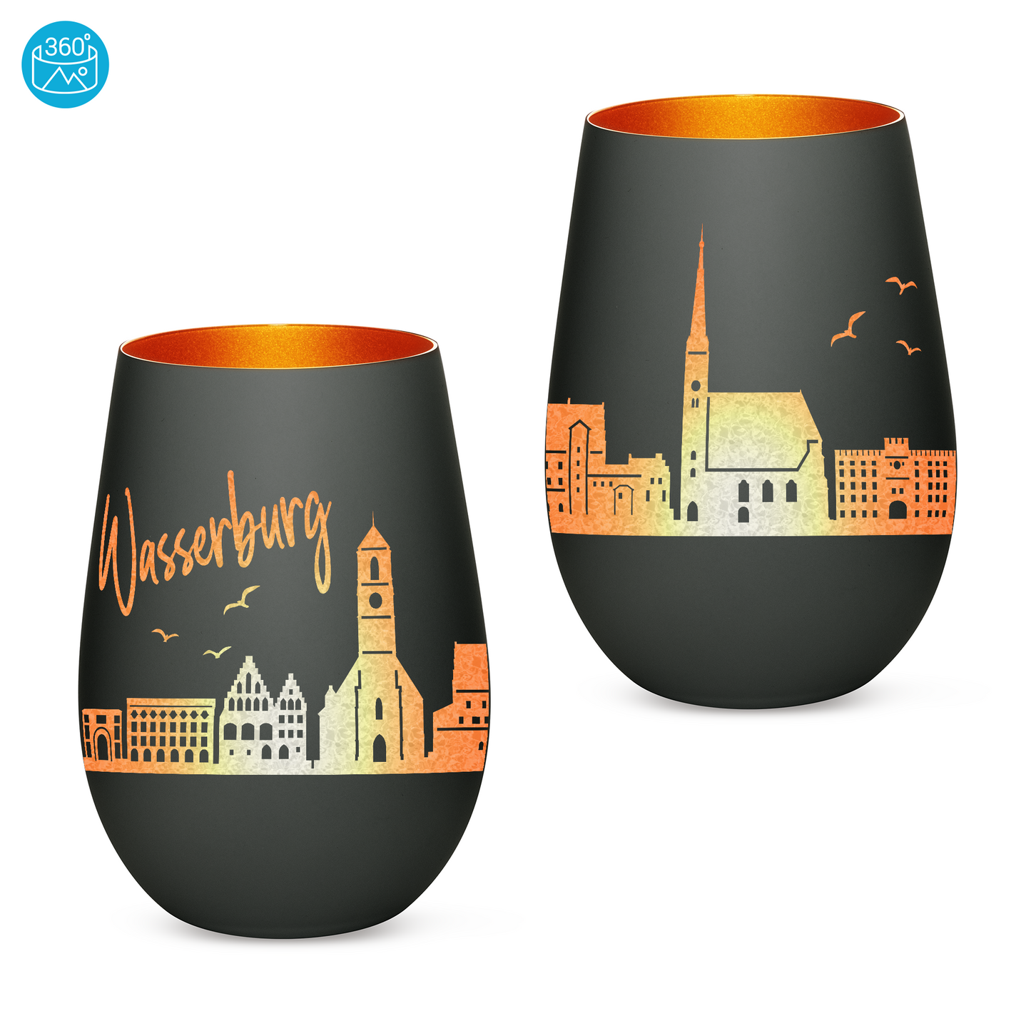 Hochwertiges Glas Windlicht mit Gravur "SKYLINE WASSERBURG" in der Farbe Schwarz/Bronze