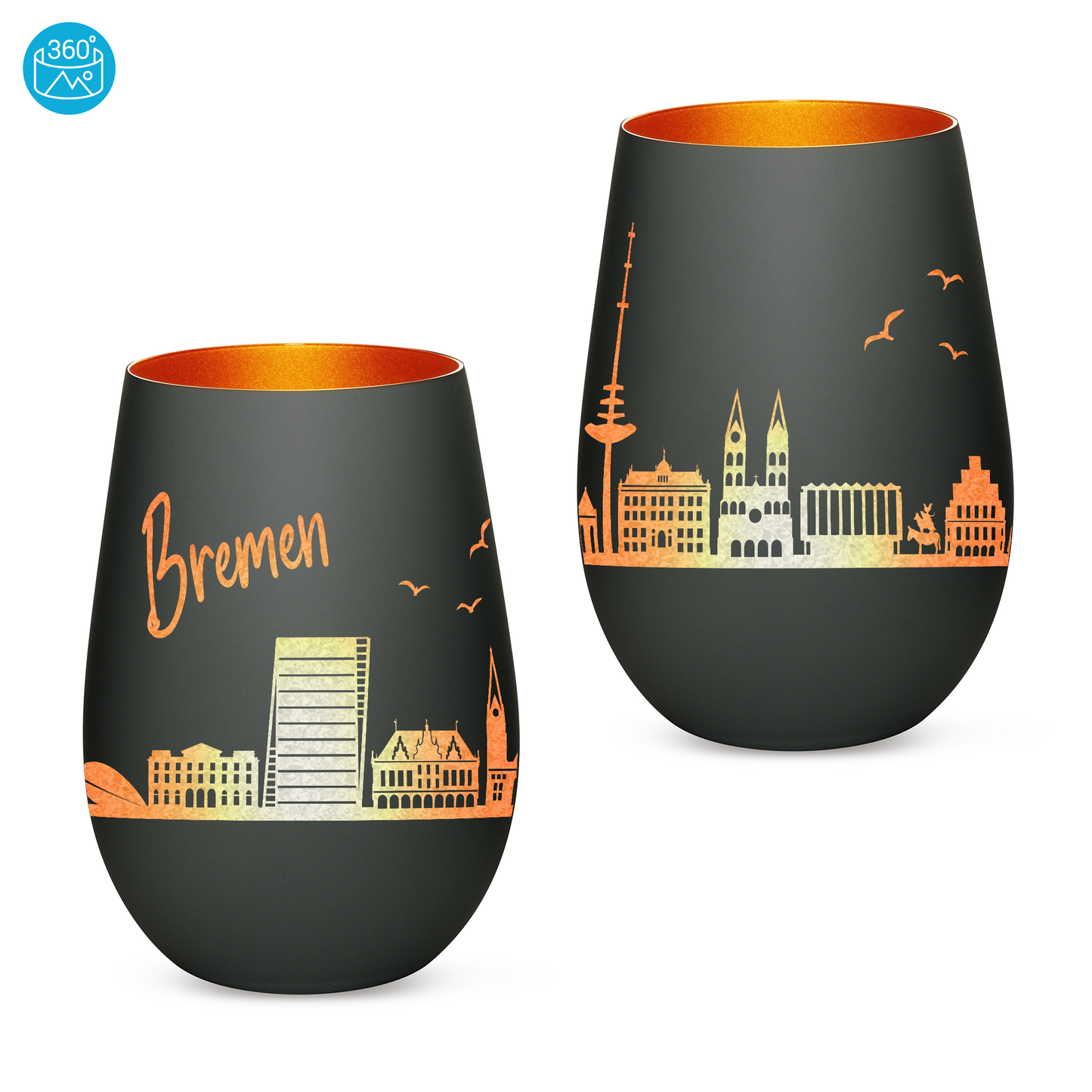 Hochwertiges Glas Windlicht mit Gravur "SKYLINE BREMEN" in der Farbe Schwarz/Bronze