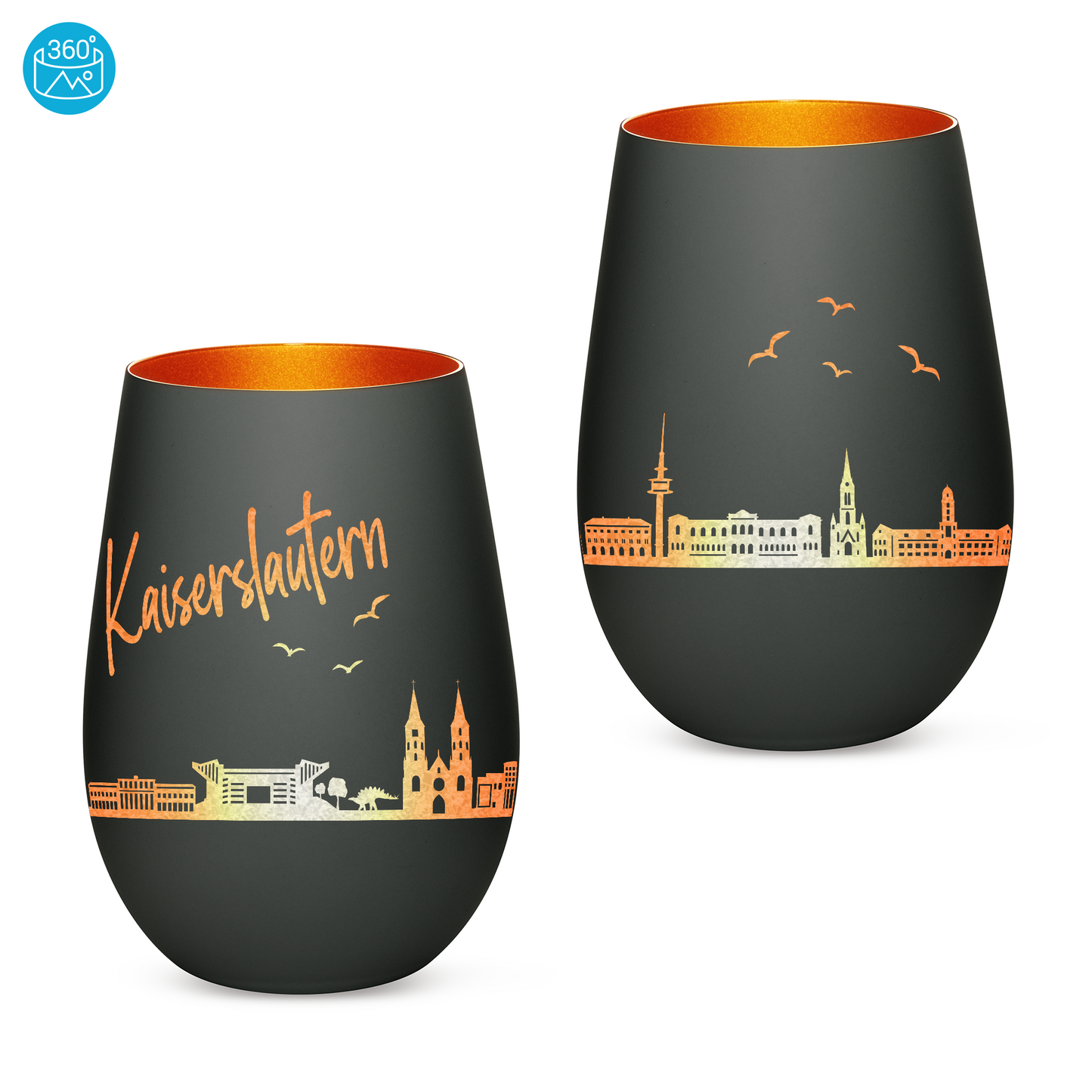 Hochwertiges Glas Windlicht mit Gravur "SKYLINE KAISERSLAUTERN" in der Farbe Schwarz/Bronze