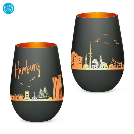 Hochwertiges Glas Windlicht mit Gravur "SKYLINE HAMBURG" in der Farbe Schwarz/Bronze
