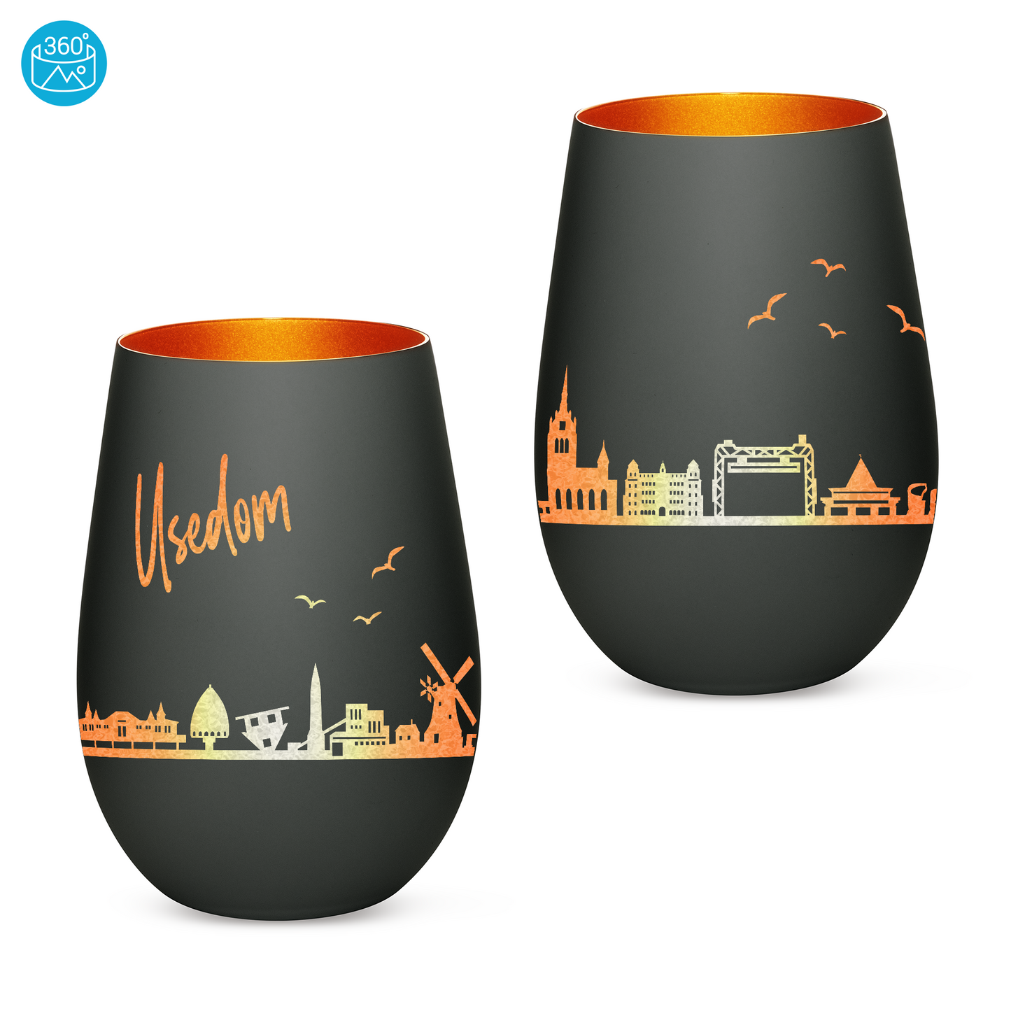 Hochwertiges Glas Windlicht mit Gravur "SKYLINE USEDOM" in der Farbe Schwarz/Bronze