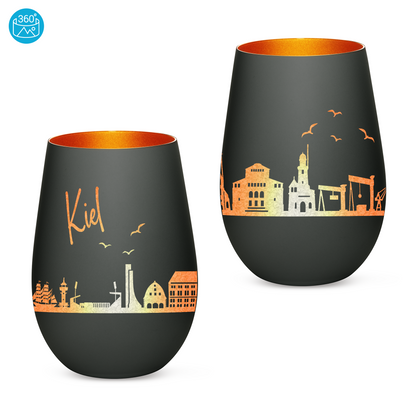 Hochwertiges Glas Windlicht mit Gravur "SKYLINE KIEL" in der Farbe Schwarz/Bronze