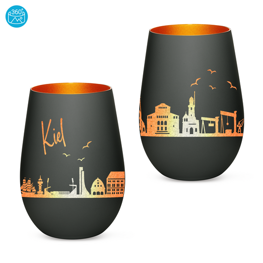 Hochwertiges Glas Windlicht mit Gravur "SKYLINE KIEL" in der Farbe Schwarz/Bronze