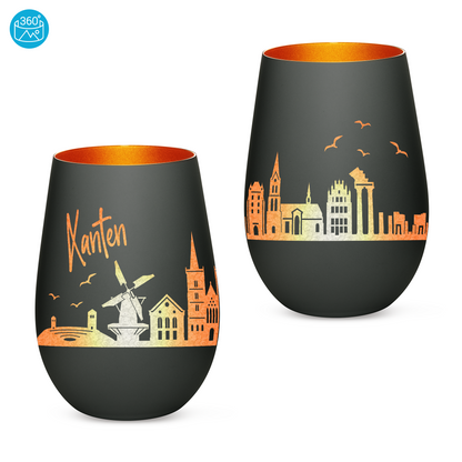 Hochwertiges Glas Windlicht mit Gravur "SKYLINE XANTEN" in der Farbe Schwarz/Bronze