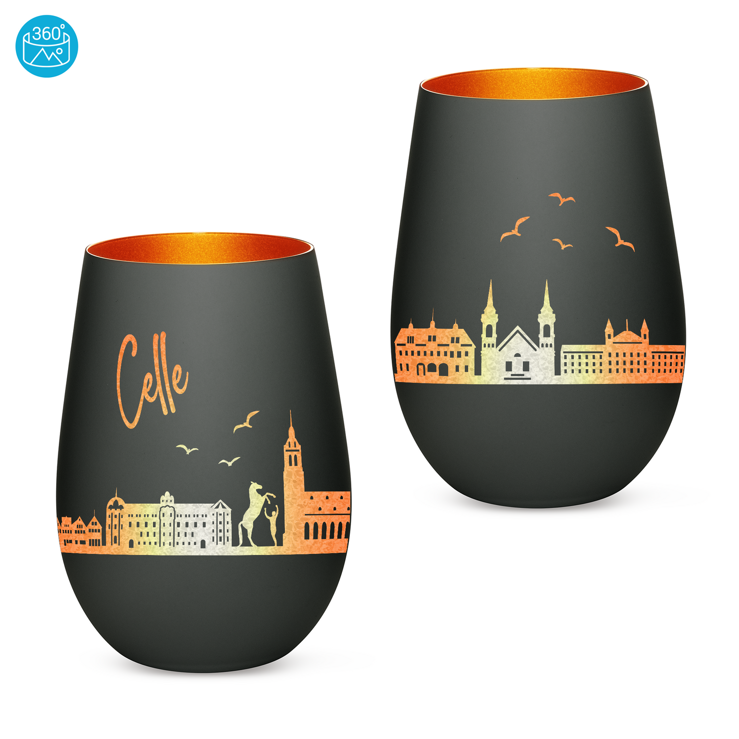Hochwertiges Glas Windlicht mit Gravur "SKYLINE CELLE" in der Farbe Schwarz/Bronze