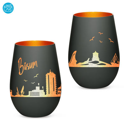 Hochwertiges Glas Windlicht mit Gravur "SKYLINE BÜSUM" in der Farbe Schwarz/Bronze