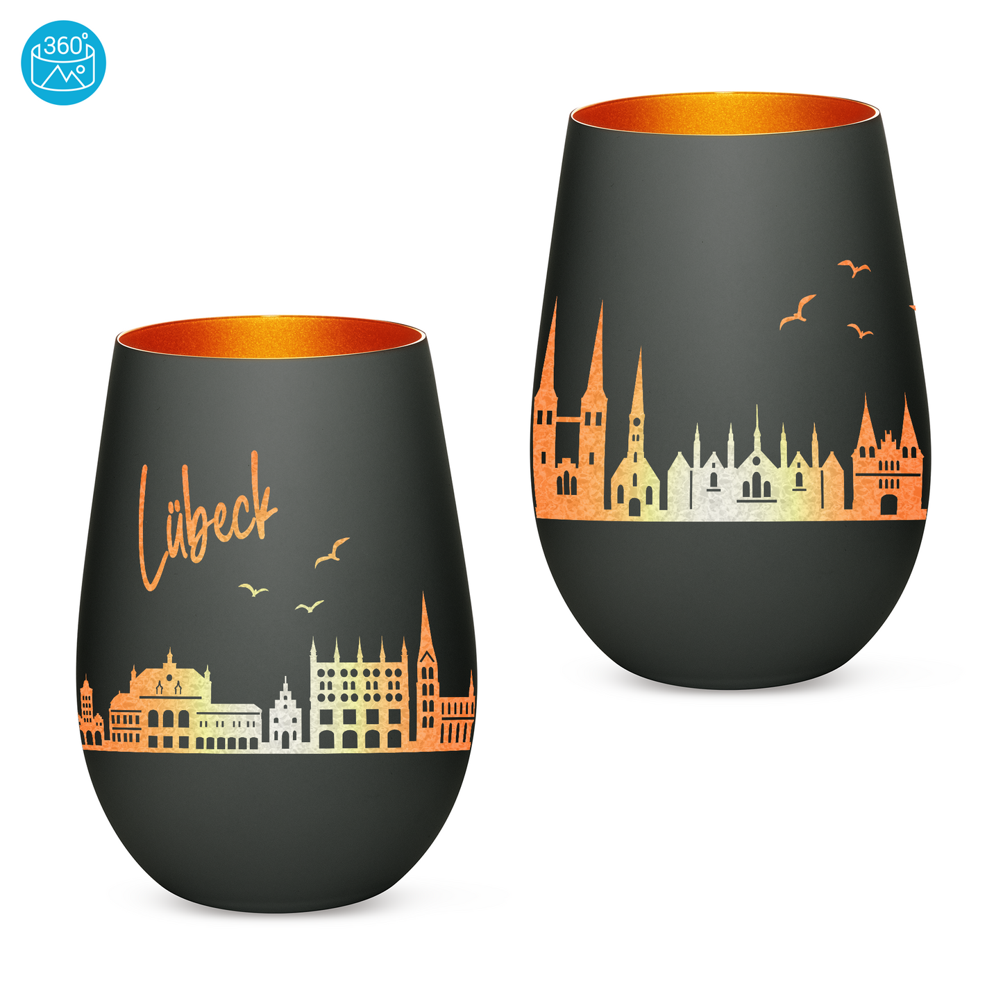 Hochwertiges Glas Windlicht mit Gravur "SKYLINE LÜBECK" in der Farbe Schwarz/Bronze