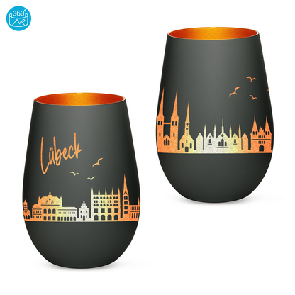 Hochwertiges Glas Windlicht mit Gravur "SKYLINE LÜBECK" in der Farbe Schwarz/Bronze