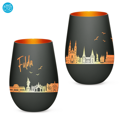 Hochwertiges Glas Windlicht mit Gravur "SKYLINE FULDA" in der Farbe Schwarz/Bronze