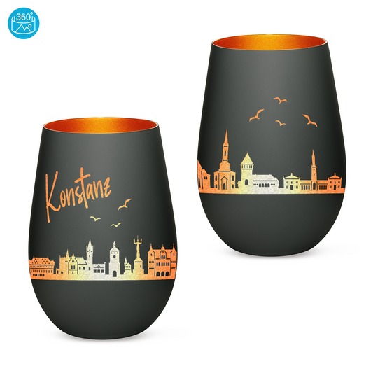 Hochwertiges Glas Windlicht mit Gravur "SKYLINE KONSTANZ" in der Farbe Schwarz/Bronze