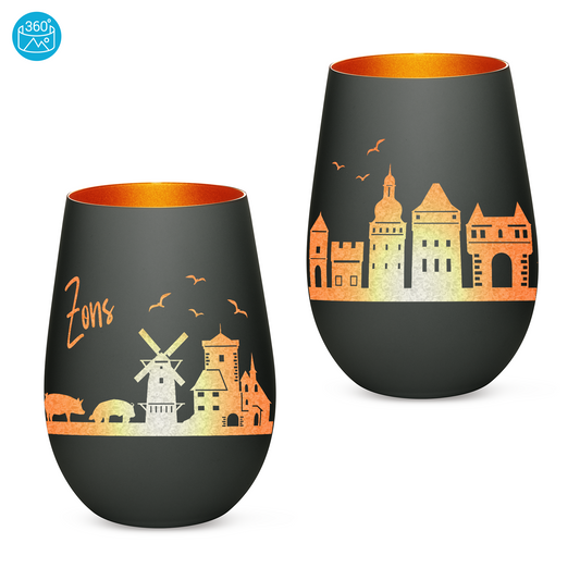 Hochwertiges Glas Windlicht mit Gravur "SKYLINE ZONS (DORMAGEN)" in der Farbe Schwarz/Bronze