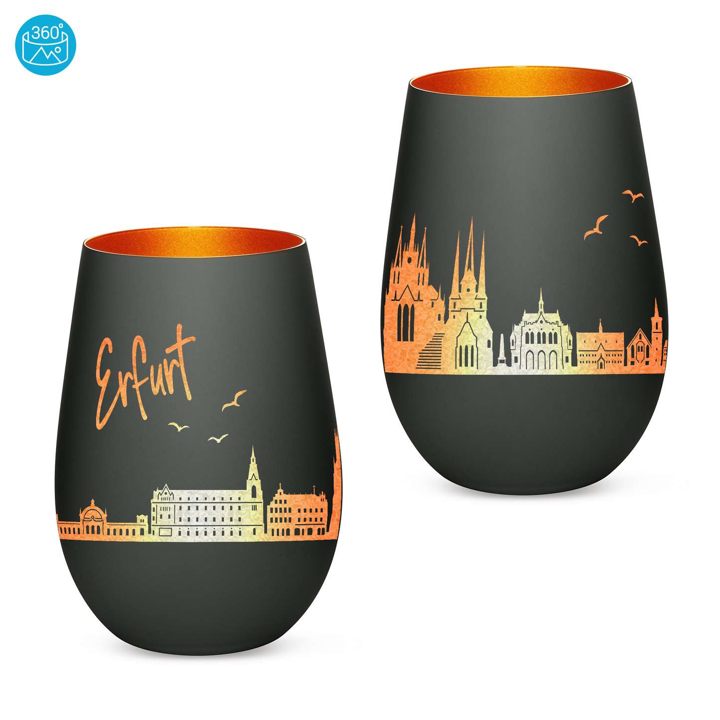 Hochwertiges Glas Windlicht mit Gravur "SKYLINE ERFURT" in der Farbe Schwarz/Bronze