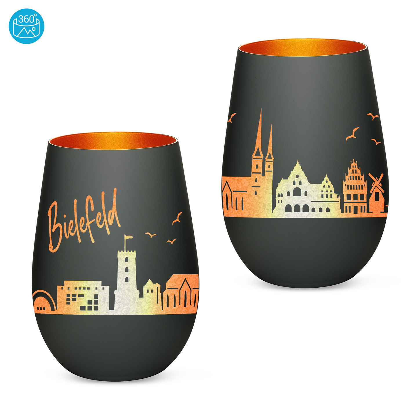 Hochwertiges Glas Windlicht mit Gravur "SKYLINE BIELEFELD" in der Farbe Schwarz/Bronze