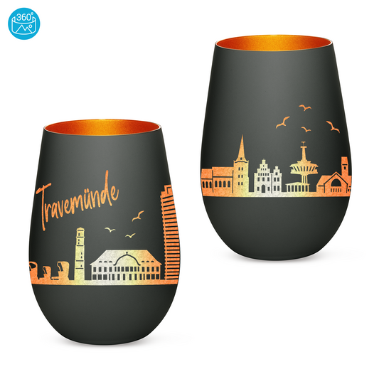 Hochwertiges Glas Windlicht mit Gravur "SKYLINE TRAVEMÜNDE" in der Farbe Schwarz/Bronze