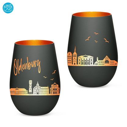 Hochwertiges Glas Windlicht mit Gravur "SKYLINE OLDENBURG" in der Farbe Schwarz/Bronze
