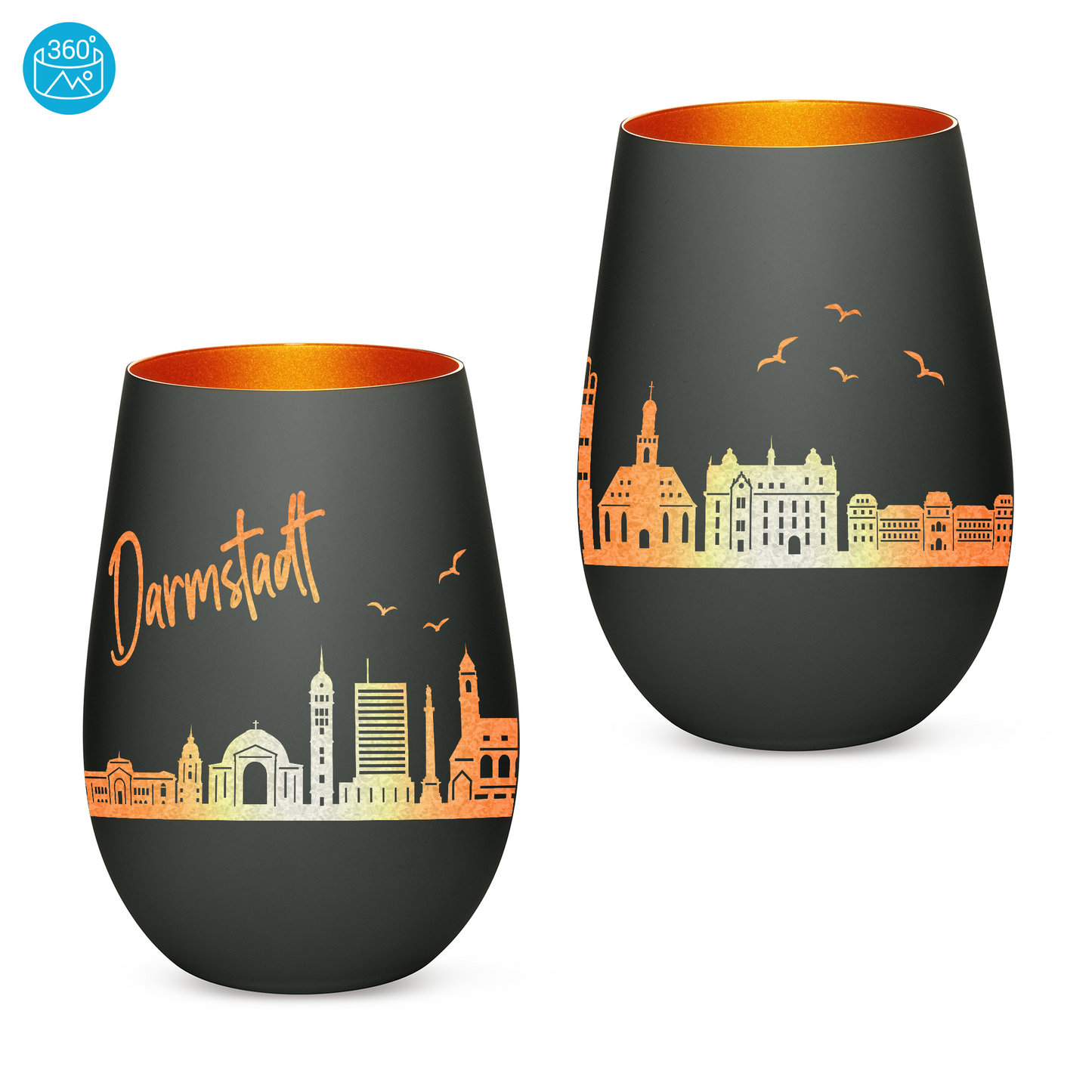 Hochwertiges Glas Windlicht mit Gravur "SKYLINE DARMSTADT" in der Farbe Schwarz/Bronze