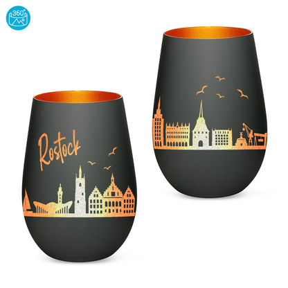 Hochwertiges Glas Windlicht mit Gravur "SKYLINE ROSTOCK" in der Farbe Schwarz/Bronze