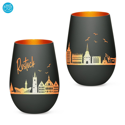 Hochwertiges Glas Windlicht mit Gravur "SKYLINE ROSTOCK" in der Farbe Schwarz/Bronze
