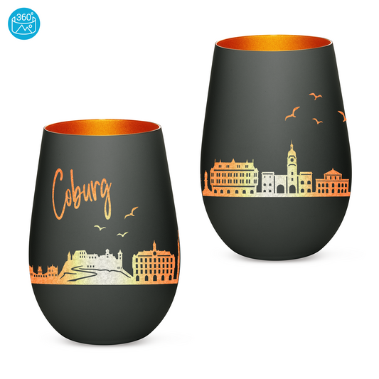 Hochwertiges Glas Windlicht mit Gravur "SKYLINE COBURG" in der Farbe Schwarz/Bronze