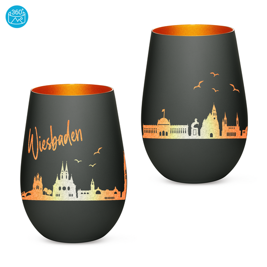 Hochwertiges Glas Windlicht mit Gravur "SKYLINE WIESBADEN" in der Farbe Schwarz/Bronze