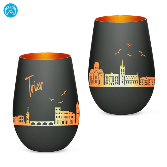 Hochwertiges Glas Windlicht mit Gravur "SKYLINE TRIER" in der Farbe Schwarz/Bronze