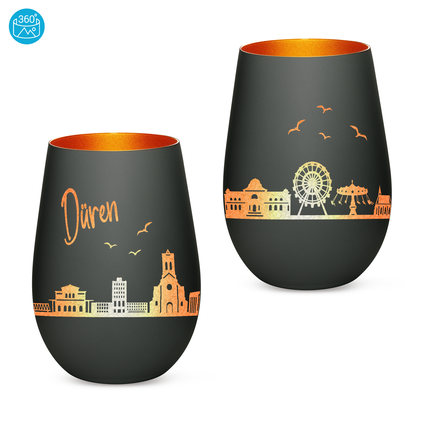 Hochwertiges Glas Windlicht mit Gravur "SKYLINE DÜREN" in der Farbe Schwarz/Bronze
