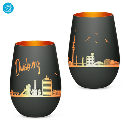 Hochwertiges Glas Windlicht mit Gravur "SKYLINE DUISBURG" in der Farbe Schwarz/Bronze