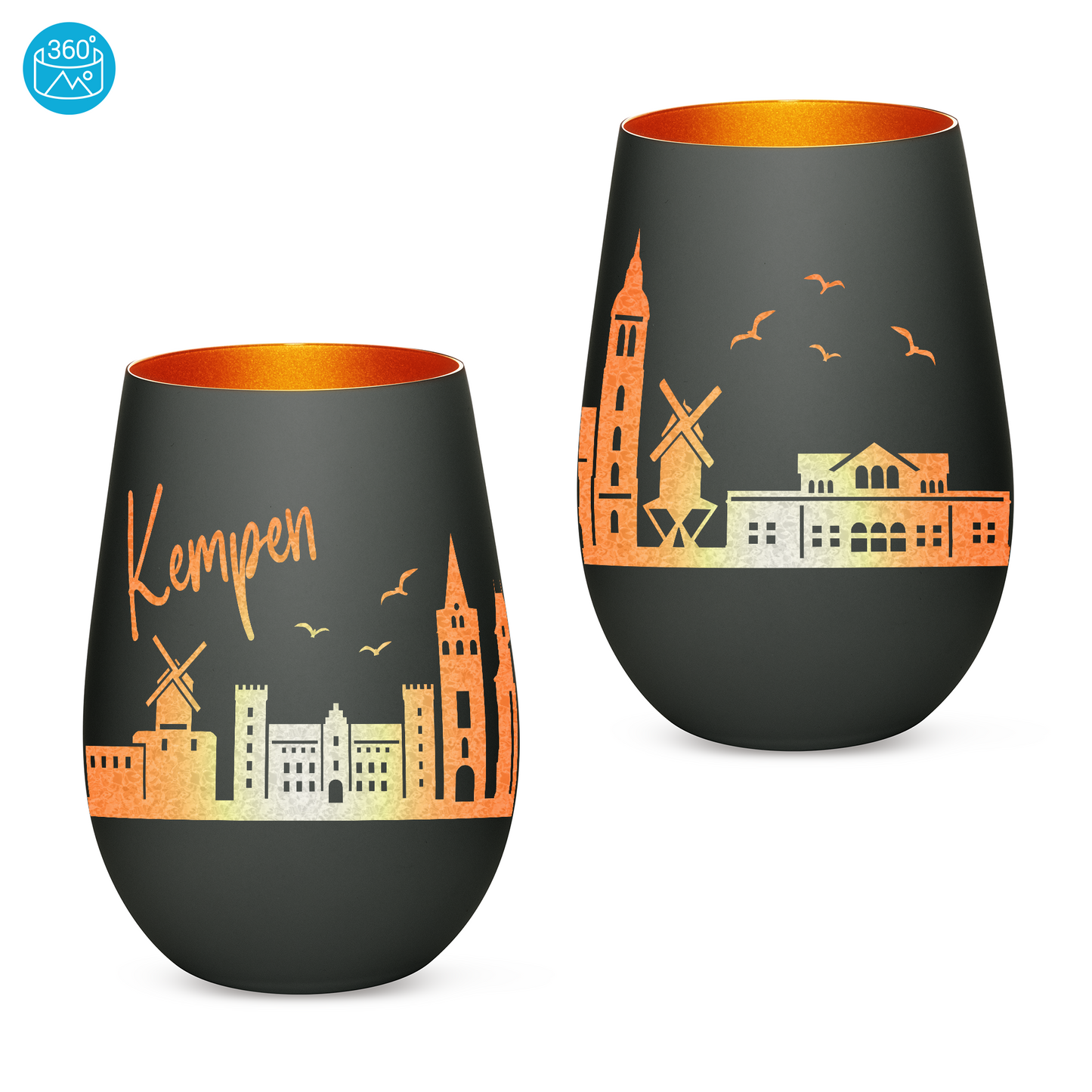 Hochwertiges Glas Windlicht mit Gravur "SKYLINE KEMPEN" in der Farbe Schwarz/Bronze