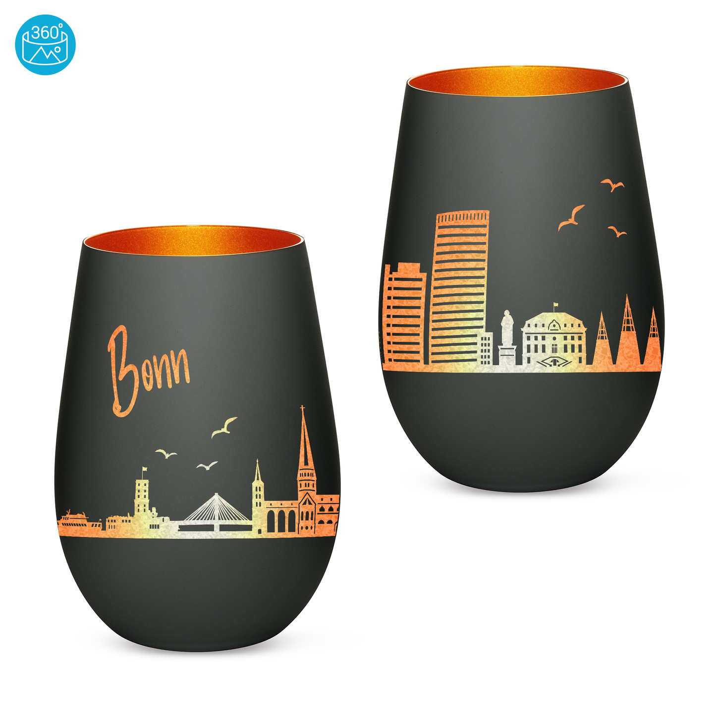Hochwertiges Glas Windlicht mit Gravur "SKYLINE BONN" in der Farbe Schwarz/Bronze